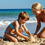 **Prompt 1: Joyful Family Beach Play**
    "A vibrant, sunny beach scene with a family actively engaged in play. Parents and young children are collaboratively building an elaborate sandcastle on the shore, while others playfully splash in the gentle ocean waves nearby. The atmosphere is filled with laughter, joy, and a strong sense of family bonding amidst the natural beauty of the sea."