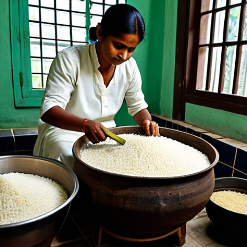 ** A professional-looking photo of a fully clothed individual making traditional Bengali rice wine at home. The person is wearing modest clothing and is focused on the process, which involves combining rice, jaggery, and yeast in a clean container. The setting is a tidy kitchen, and the overall tone is family-friendly and safe for work. Keywords: fermentation, homemade, Bengali tradition, appropriate attire, perfect anatomy.

**