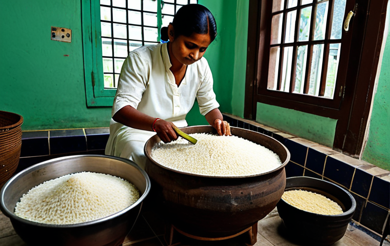 ** A professional-looking photo of a fully clothed individual making traditional Bengali rice wine at home. The person is wearing modest clothing and is focused on the process, which involves combining rice, jaggery, and yeast in a clean container. The setting is a tidy kitchen, and the overall tone is family-friendly and safe for work. Keywords: fermentation, homemade, Bengali tradition, appropriate attire, perfect anatomy.
**