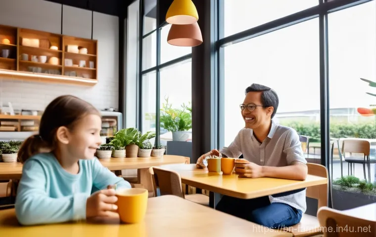 가족과 함께하는 카페 투어 - Prompt 1: Joyful Family Cafe Experience with Play Area**