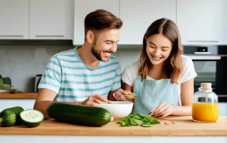 부모님과 함께하는 DIY 천연 화장품 만들기 - A cheerful family (mother, father, and a teenage daughter, all modestly dressed in comfortable home ...