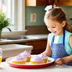 아이와 함께하는 홈카페 체험 - **"Little Hands, Big Flavors: Cupcake Creation Fun"**
    A vibrant, sunlit kitchen scene. A joyful ...