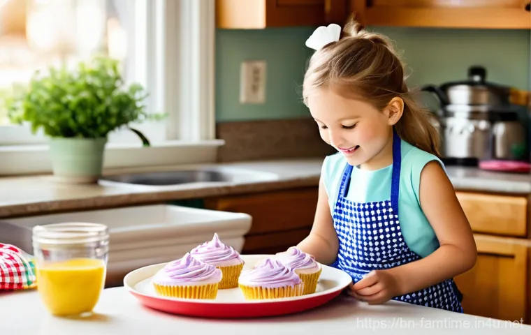 아이와 함께하는 홈카페 체험 - **"Little Hands, Big Flavors: Cupcake Creation Fun"**
    A vibrant, sunlit kitchen scene. A joyful ...