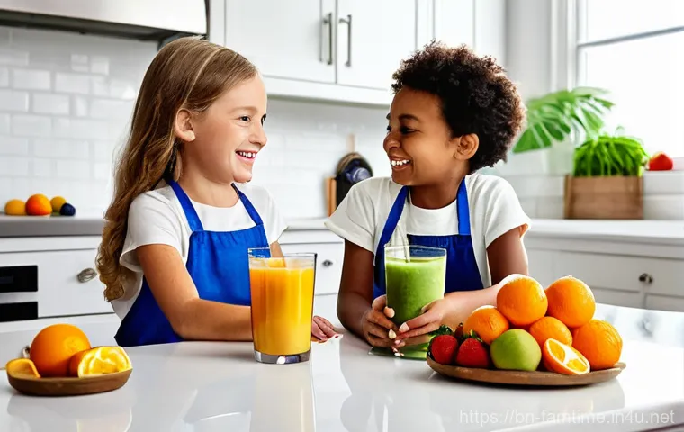 아이와 함께하는 홈카페 체험 - **"Little Hands, Big Flavors: Cupcake Creation Fun"**
    A vibrant, sunlit kitchen scene. A joyful ...