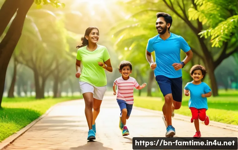 가족과 함께하는 마라톤 대회 - A joyful Bengali family participating in a marathon together in a lush green park, featuring parents...