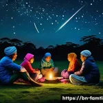 가족과 함께하는 별자리 관찰 - A serene family night sky observation scene in rural Bangladesh, featuring a diverse group of family...