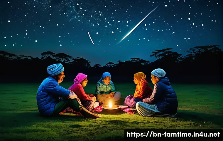 가족과 함께하는 별자리 관찰 - A serene family night sky observation scene in rural Bangladesh, featuring a diverse group of family...
