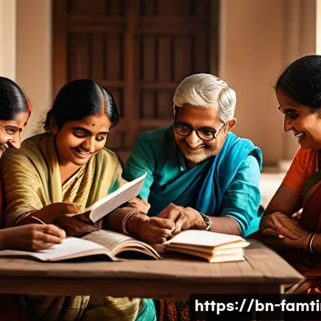 부모님과 함께하는 글쓰기 워크숍 - A warm, cozy family room scene with multiple Bengali family members of various ages sitting together...