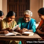 부모님과 함께하는 글쓰기 워크숍 - A warm, cozy family room scene with multiple Bengali family members of various ages sitting together...