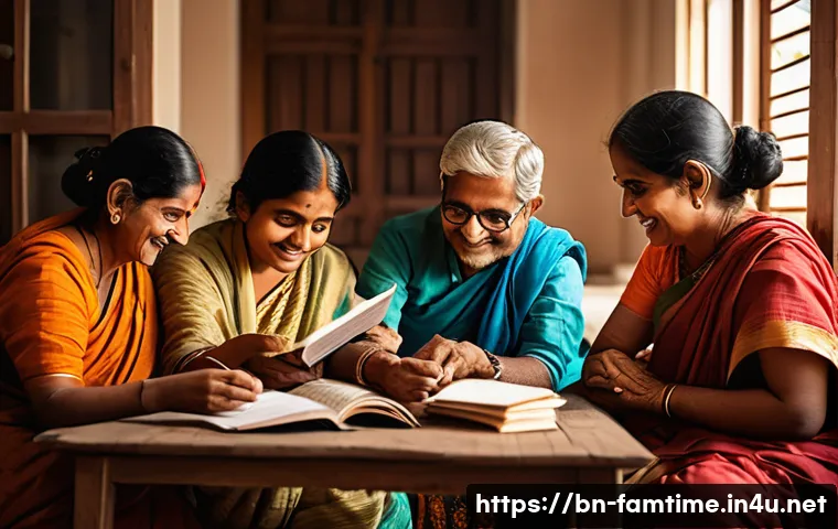 부모님과 함께하는 글쓰기 워크숍 - A warm, cozy family room scene with multiple Bengali family members of various ages sitting together...