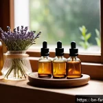 가족과 함께하는 향수 DIY - A cozy home setting showcasing a small wooden table with essential perfume-making ingredients arrang...