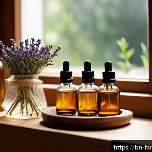 가족과 함께하는 향수 DIY - A cozy home setting showcasing a small wooden table with essential perfume-making ingredients arrang...