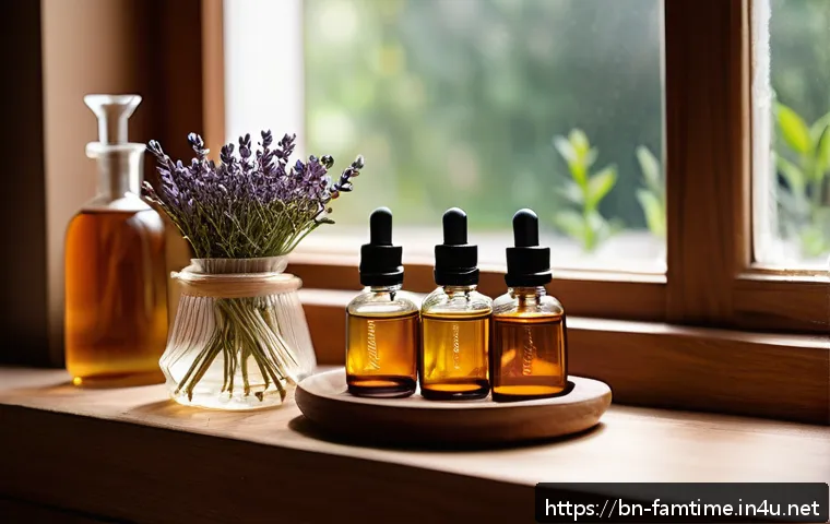 가족과 함께하는 향수 DIY - A cozy home setting showcasing a small wooden table with essential perfume-making ingredients arrang...