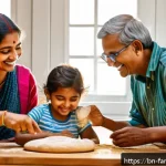 가족과 함께하는 빵 만들기 체험 - A joyful Bengali family gathered around a kitchen table, making bread together with smiles and laugh...