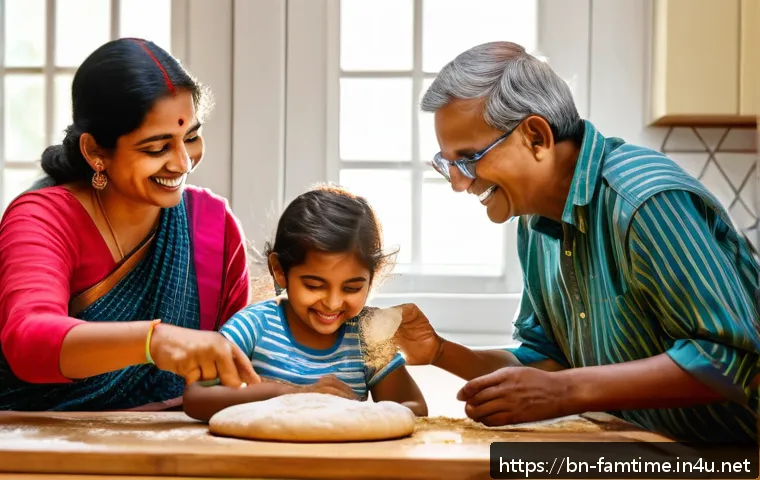 가족과 함께하는 빵 만들기 체험 - A joyful Bengali family gathered around a kitchen table, making bread together with smiles and laugh...
