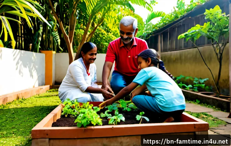 가족과 함께하는 가드닝 프로젝트 - Photorealistic multigenerational Bengali family gardening together in a sunny home courtyard, grandp...