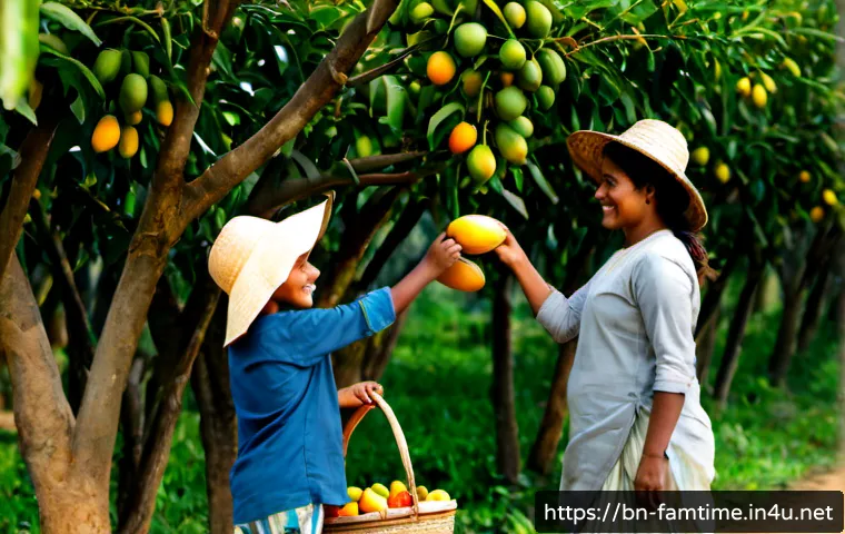 아이와 함께하는 과일 수확 체험 - Photorealistic family fruit harvest experience in a sunlit mango orchard in rural Bangladesh, a smil...