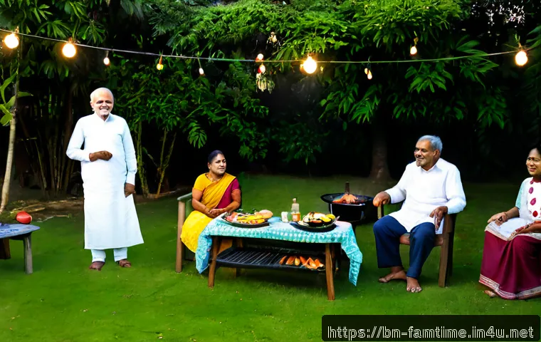 Home 17 가족과 함께하는 야외 바비큐 파티 - Photorealistic outdoor barbecue party with a multigenerational Bengali family gathered in a leafy ga...